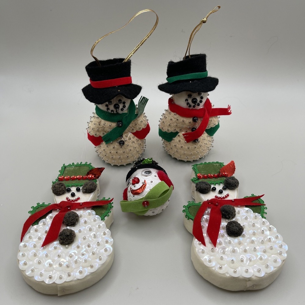 Vtg 70s Christmas Kit Ornaments Lot 5 Push Pin Sequin Beaded Googly‎ Eye Snowman